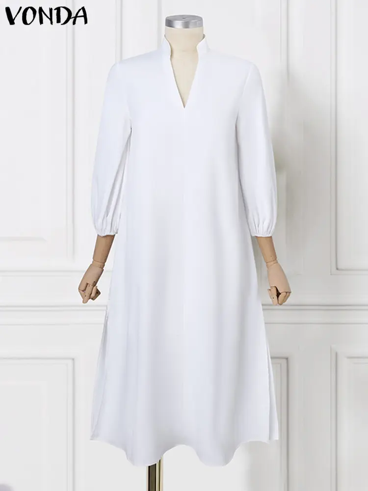 Plus Size 5XL VONDA Women Long Maxi Dress 2024 Office Sundress Casual Solid Color Elegant Elastic Loose A-line Dress Vestidos