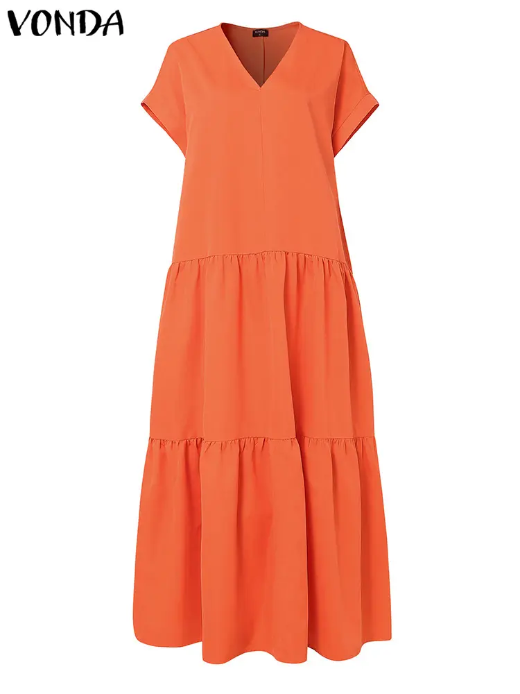 Plus Size VONDA Women Summer Dress 2025 Bohemian Ruffled Sundress Solid Color Casual Short Sleeve Party Vestidos V-Neck Robe