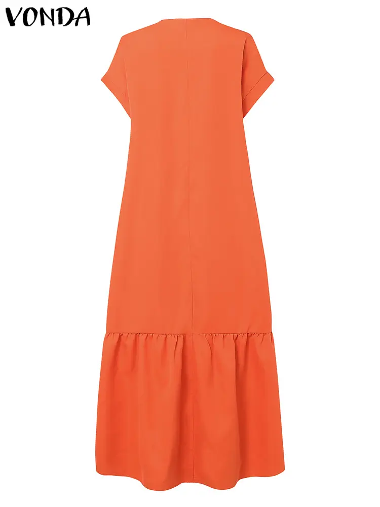 Plus Size VONDA Women Summer Dress 2025 Bohemian Ruffled Sundress Solid Color Casual Short Sleeve Party Vestidos V-Neck Robe