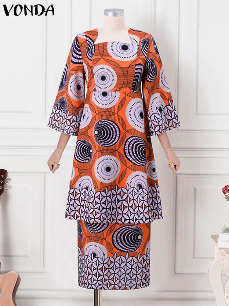 VONDA Women Outfits Bohemian Printed Two-piece Dress Sets 2025 Vintage Square Collar Matching Sets Oversized Casual 2PCS