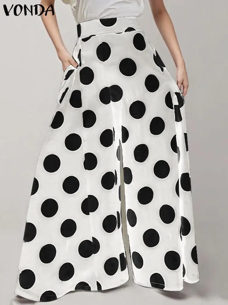 VONDA Women Polka Dot Wide Leg Pants 2024 European Fashion Side Pleated A-Line Swing Trousers Vintage Elegant Office OL Bottoms