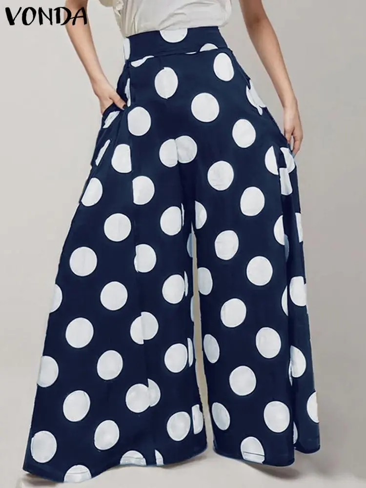 VONDA Women Polka Dot Wide Leg Pants 2024 European Fashion Side Pleated A-Line Swing Trousers Vintage Elegant Office OL Bottoms