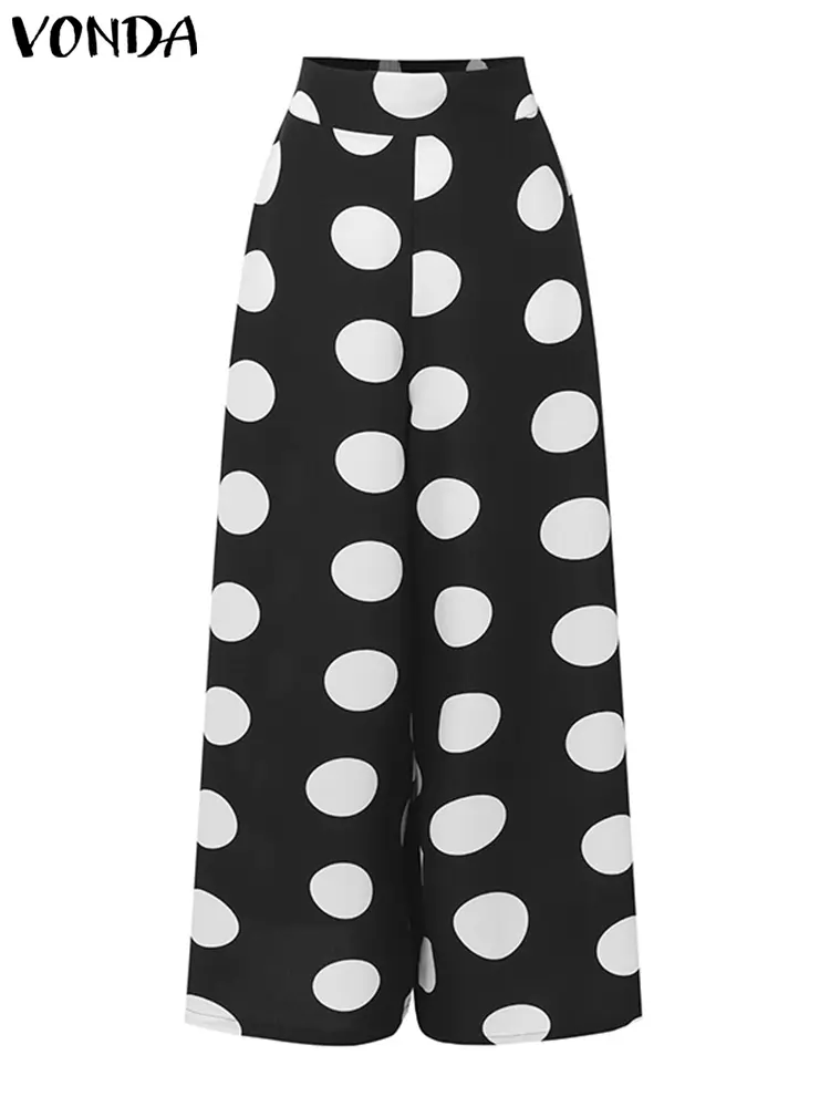 VONDA Women Polka Dot Wide Leg Pants 2024 European Fashion Side Pleated A-Line Swing Trousers Vintage Elegant Office OL Bottoms