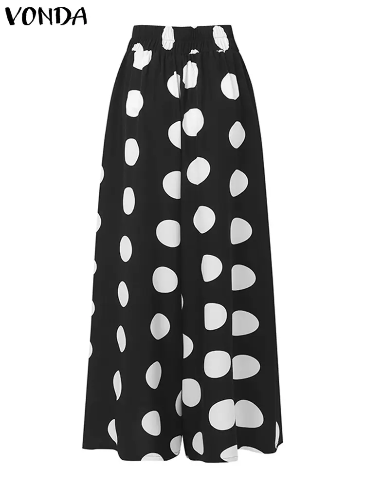 VONDA Women Polka Dot Wide Leg Pants 2024 European Fashion Side Pleated A-Line Swing Trousers Vintage Elegant Office OL Bottoms