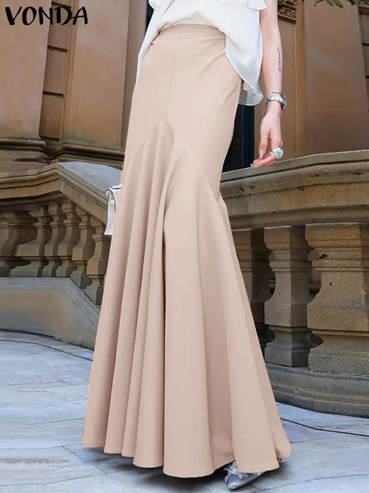 2025 VONDA Elegant Office Lady Fishtail Skirt Women Summer High Waist Maxi Skirts Fashion Pleated Solid Color Long Skirt Street