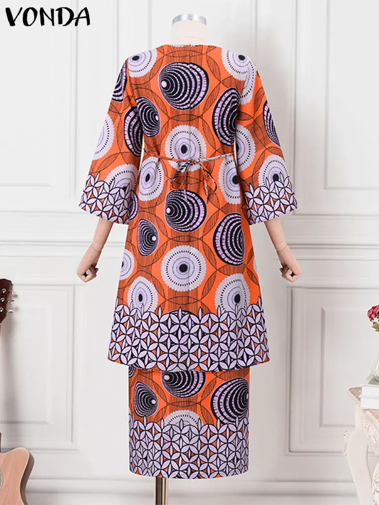 VONDA Women Outfits Bohemian Printed Two-piece Dress Sets 2025 Vintage Square Collar Matching Sets Oversized Casual 2PCS