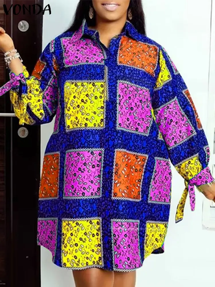 VONDA Plus Size 5XL Women Printed Dress 2025 Summer Bohemian Long Sleeve Party Sundress Vintage A-Line Vestidos Loose Robe