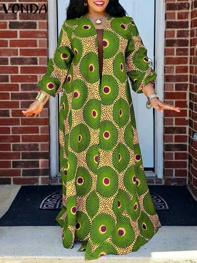 Plus Size 5XL VONDA Women Printed Dress 2024 Autumn Sundress Vintage Party Maxi Long Dress Beach Loose Robe Casual Vestidos