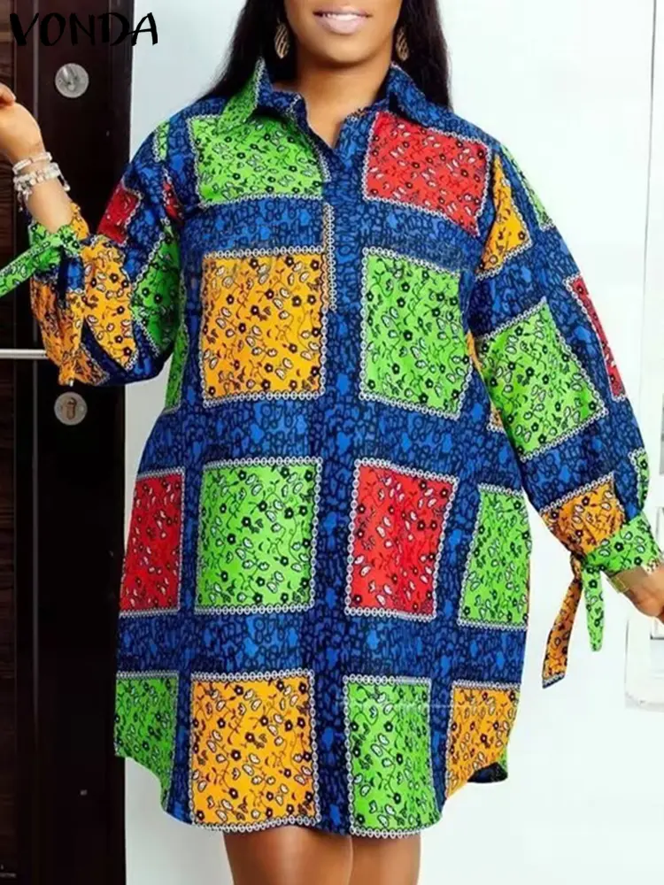 VONDA Plus Size 5XL Women Printed Dress 2025 Summer Bohemian Long Sleeve Party Sundress Vintage A-Line Vestidos Loose Robe