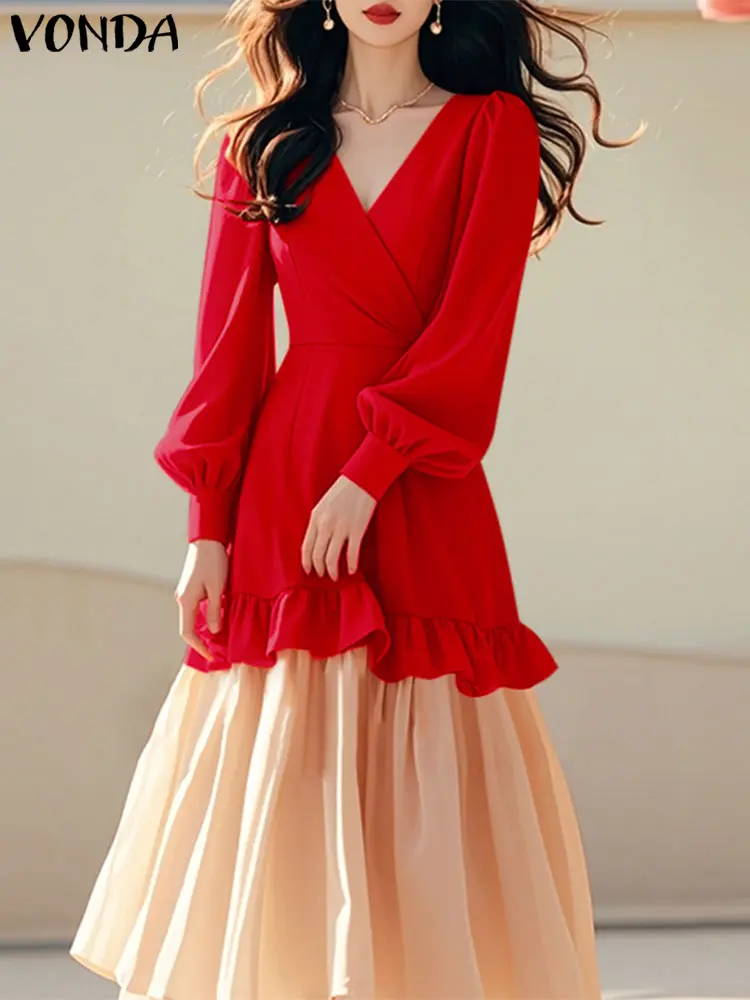 Women Patchwork Maxi Long Dress Elegant Ruffled Sundress Casual Lantern Long Sleeve Vestidos 2025 VONDA Female V-Neck Robe Femme