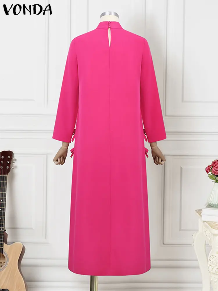 Plus Size VONDA Women Long Maxi Robes Dress 2024 Elegant Chinese Style Bownot Stand Collar Party Slit Sundress Vintage Vestidos