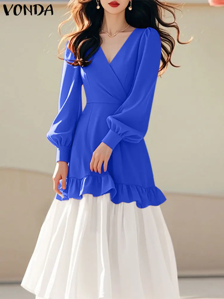 Women Patchwork Maxi Long Dress Elegant Ruffled Sundress Casual Lantern Long Sleeve Vestidos 2025 VONDA Female V-Neck Robe Femme