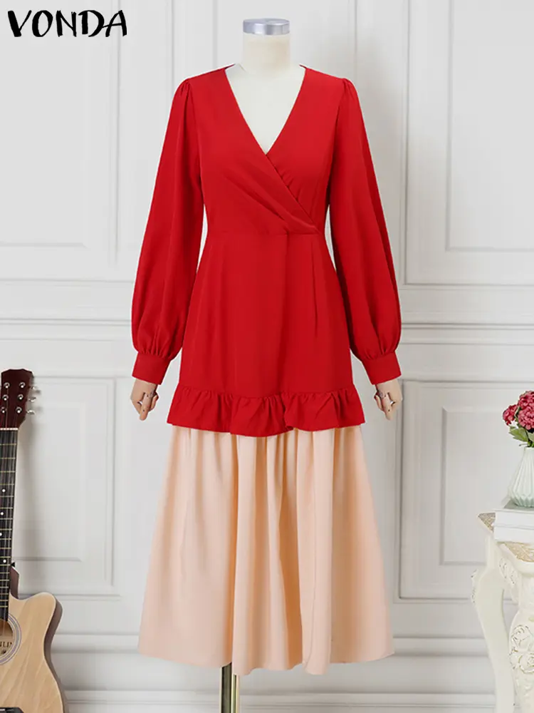 Women Patchwork Maxi Long Dress Elegant Ruffled Sundress Casual Lantern Long Sleeve Vestidos 2025 VONDA Female V-Neck Robe Femme