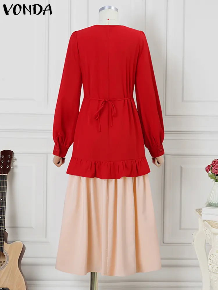 Women Patchwork Maxi Long Dress Elegant Ruffled Sundress Casual Lantern Long Sleeve Vestidos 2025 VONDA Female V-Neck Robe Femme