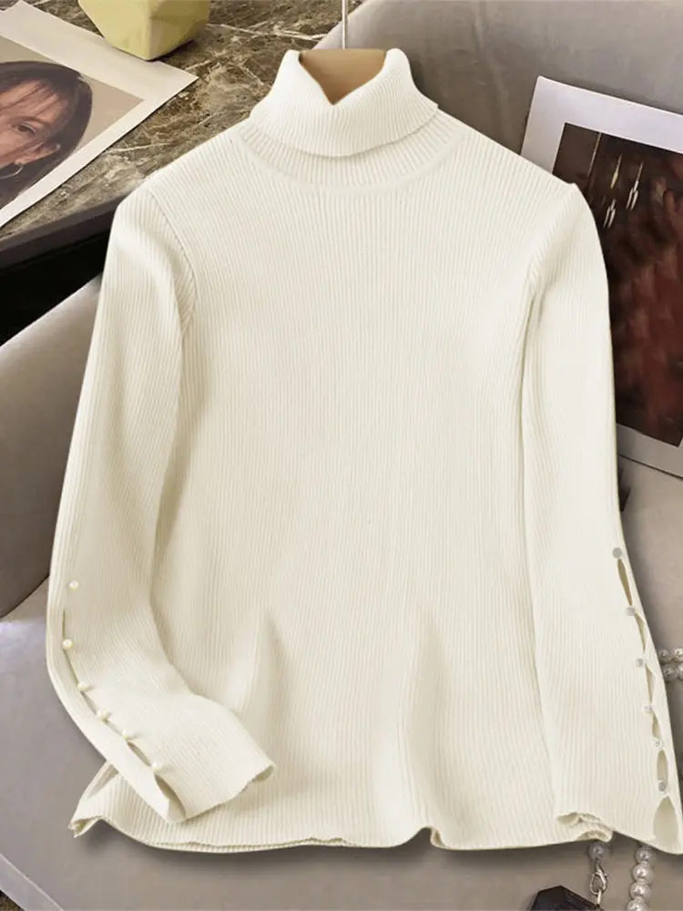VONDA Autumn High Neck Women Knitted Sweaters 2024 Casual Winter Basic Sweaters Fit Blouse Elegant Knitwear Jumpers Pullover