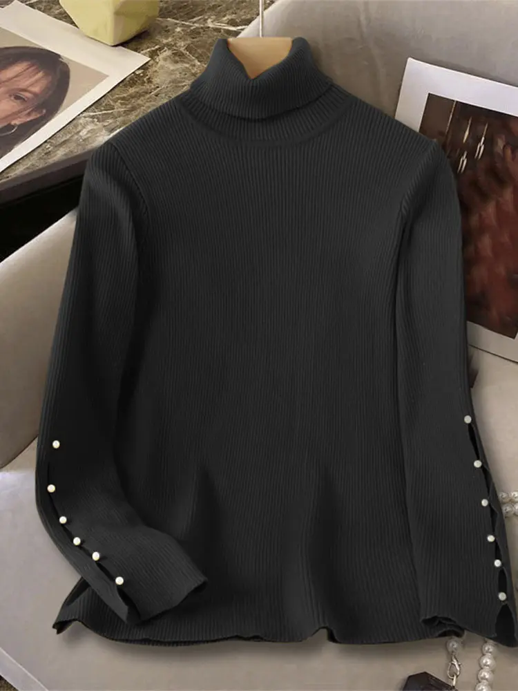 VONDA Autumn High Neck Women Knitted Sweaters 2024 Casual Winter Basic Sweaters Fit Blouse Elegant Knitwear Jumpers Pullover
