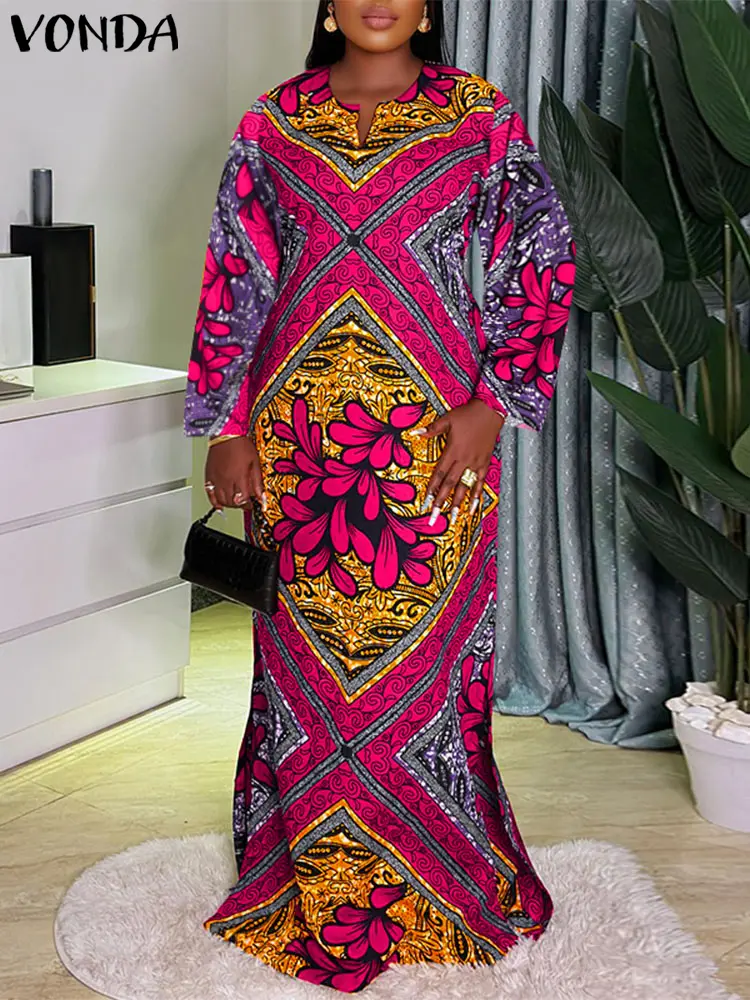 VONDA Plus Size Woman Dresses Printed Maxi Sundress Summer Party Vestidos 2025 Casual Loose Robe V Neck Sundress Oversized