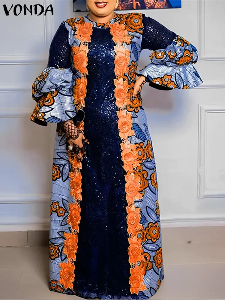 Plus Size VONDA Bohemian Women Flared Long Sleeve Maxi Dress Casual Vestidos Round Neck Loose Print Sundress Ruffles Long Robes