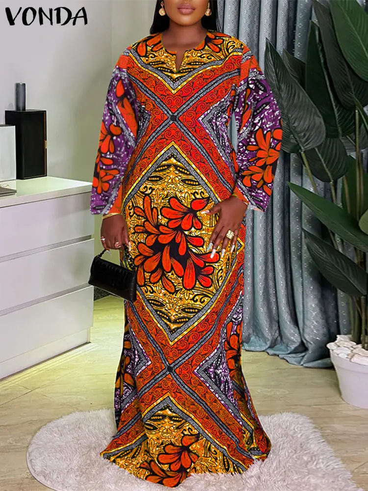 VONDA Plus Size Woman Dresses Printed Maxi Sundress Summer Party Vestidos 2025 Casual Loose Robe V Neck Sundress Oversized