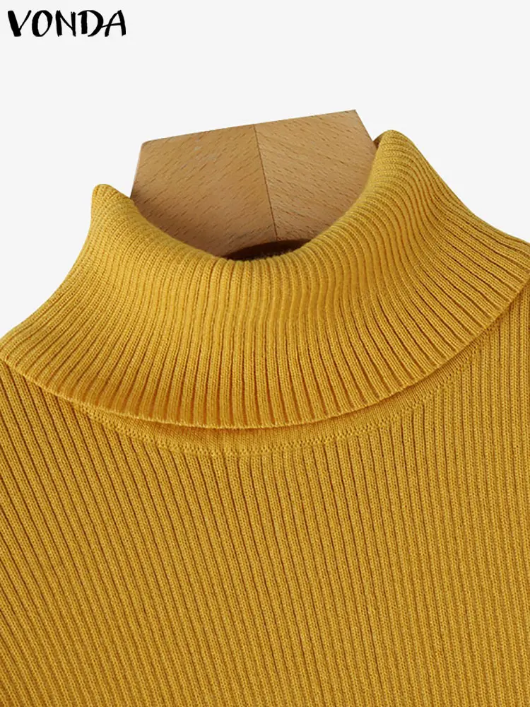 VONDA Autumn High Neck Women Knitted Sweaters 2024 Casual Winter Basic Sweaters Fit Blouse Elegant Knitwear Jumpers Pullover
