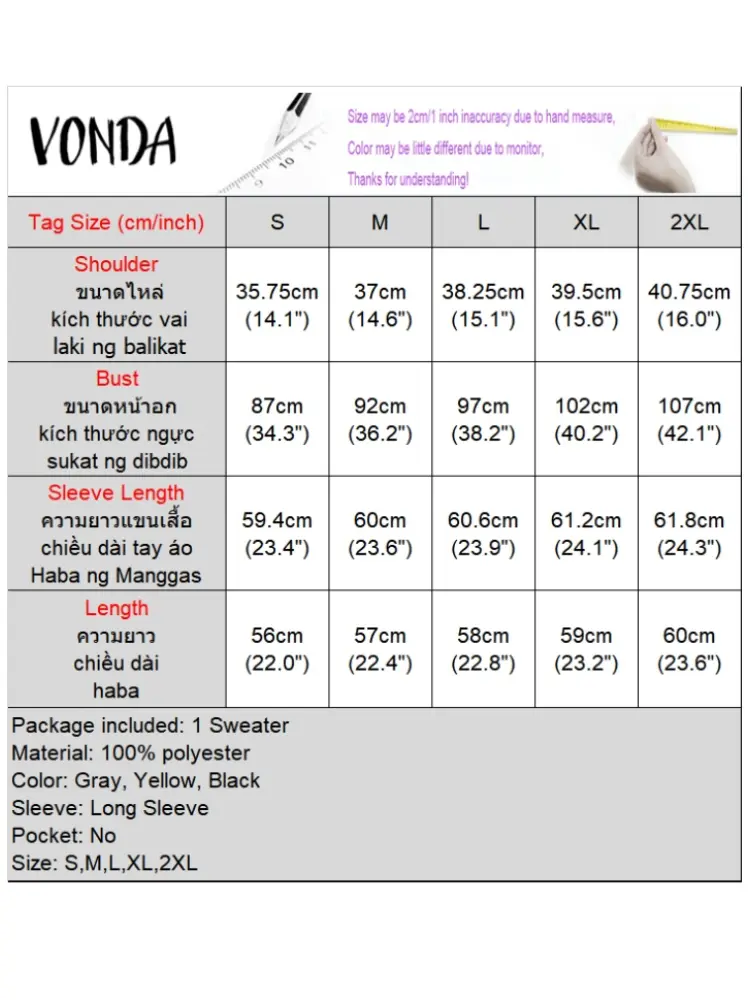 VONDA Autumn High Neck Women Knitted Sweaters 2024 Casual Winter Basic Sweaters Fit Blouse Elegant Knitwear Jumpers Pullover