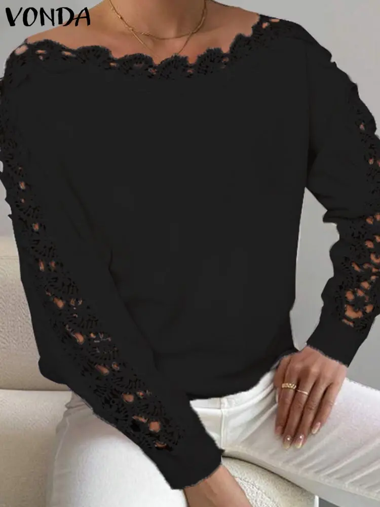 2024 VONDA Style Pullivers Women Autumn Casual Solid Sweaters Lace Patchwork Boat Neck Oversize Long Sleeved Jumpers M-3XL