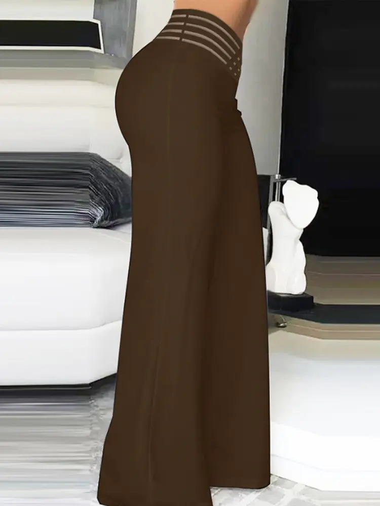 VONDA Women Pants 2024 Mesh Patchwork High Waisted Wide Leg Turousers Commuting Fashion Causal Solid Color Long Bottoms Street