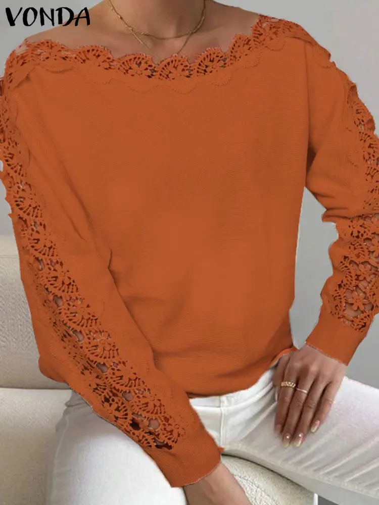 2024 VONDA Style Pullivers Women Autumn Casual Solid Sweaters Lace Patchwork Boat Neck Oversize Long Sleeved Jumpers M-3XL