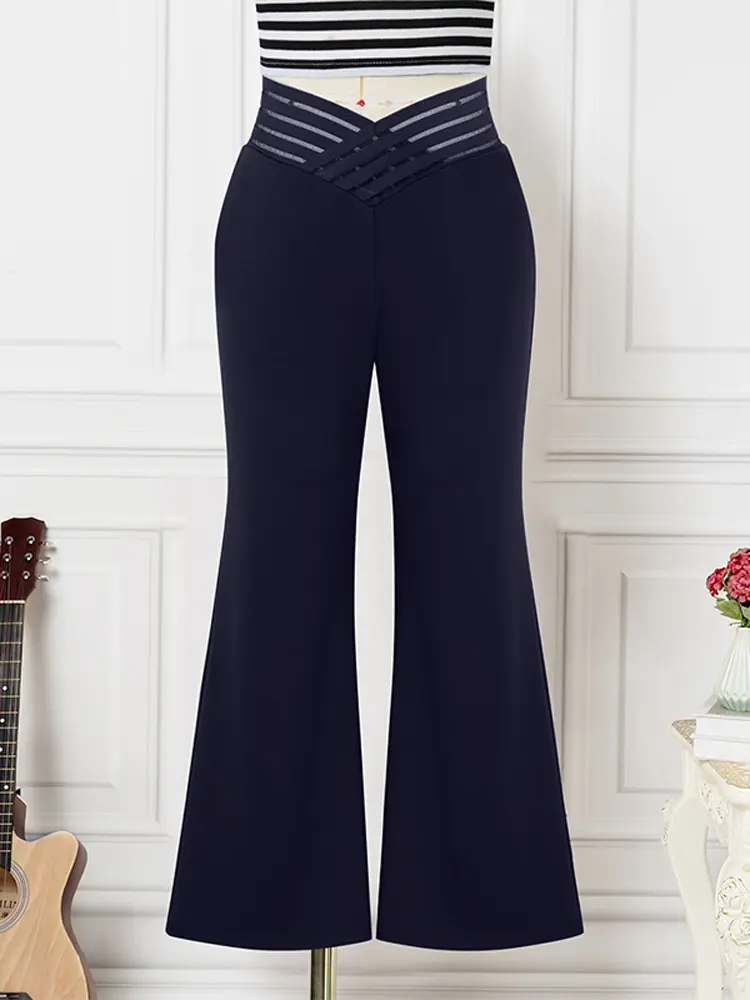 VONDA Women Pants 2024 Mesh Patchwork High Waisted Wide Leg Turousers Commuting Fashion Causal Solid Color Long Bottoms Street