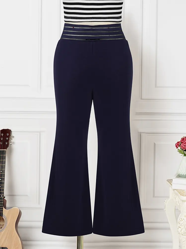 VONDA Women Pants 2024 Mesh Patchwork High Waisted Wide Leg Turousers Commuting Fashion Causal Solid Color Long Bottoms Street