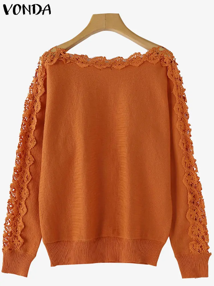 2024 VONDA Style Pullivers Women Autumn Casual Solid Sweaters Lace Patchwork Boat Neck Oversize Long Sleeved Jumpers M-3XL