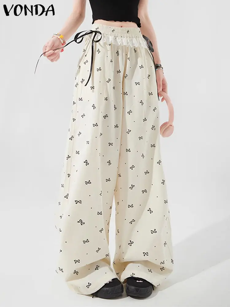 VONDA Women Printing Pants 2025 Casual Loose Elastic Waist Wide Leg Trousers Sweety Lace Patchwork Pants Spring Bottoms Oversize