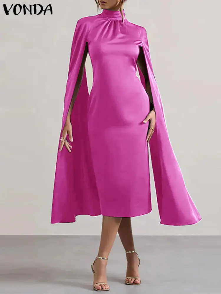 VONDA Women Bohemian Dress 2025 Sexy Tight Mid-Calf Elegant Office Lady Sundress Satin Silk Party Vestidos Stand Neck Robe