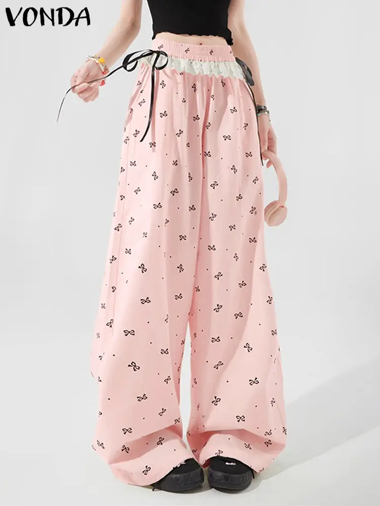 VONDA Women Printing Pants 2025 Casual Loose Elastic Waist Wide Leg Trousers Sweety Lace Patchwork Pants Spring Bottoms Oversize