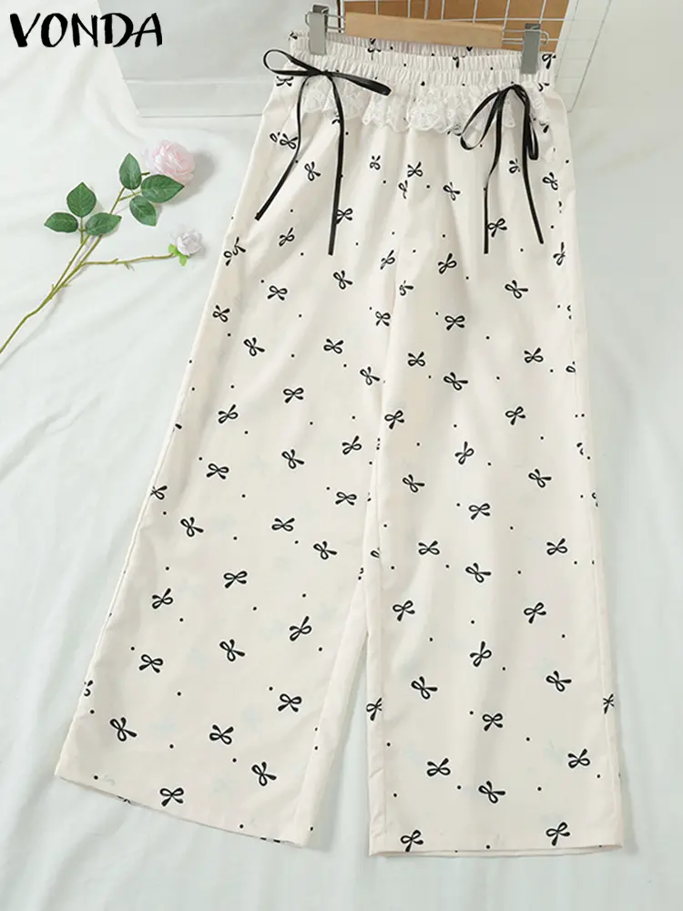VONDA Women Printing Pants 2025 Casual Loose Elastic Waist Wide Leg Trousers Sweety Lace Patchwork Pants Spring Bottoms Oversize