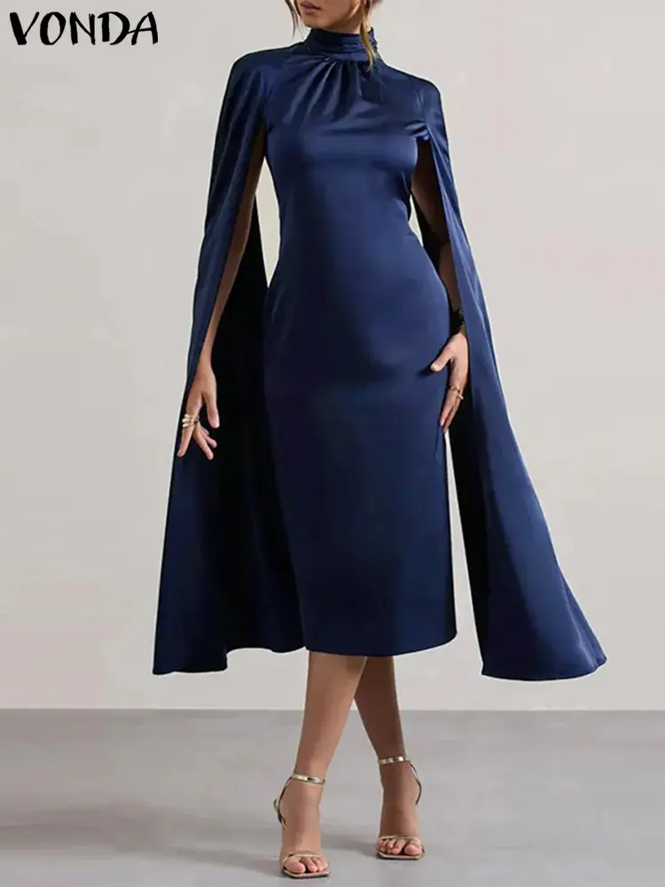 VONDA Women Bohemian Dress 2025 Sexy Tight Mid-Calf Elegant Office Lady Sundress Satin Silk Party Vestidos Stand Neck Robe
