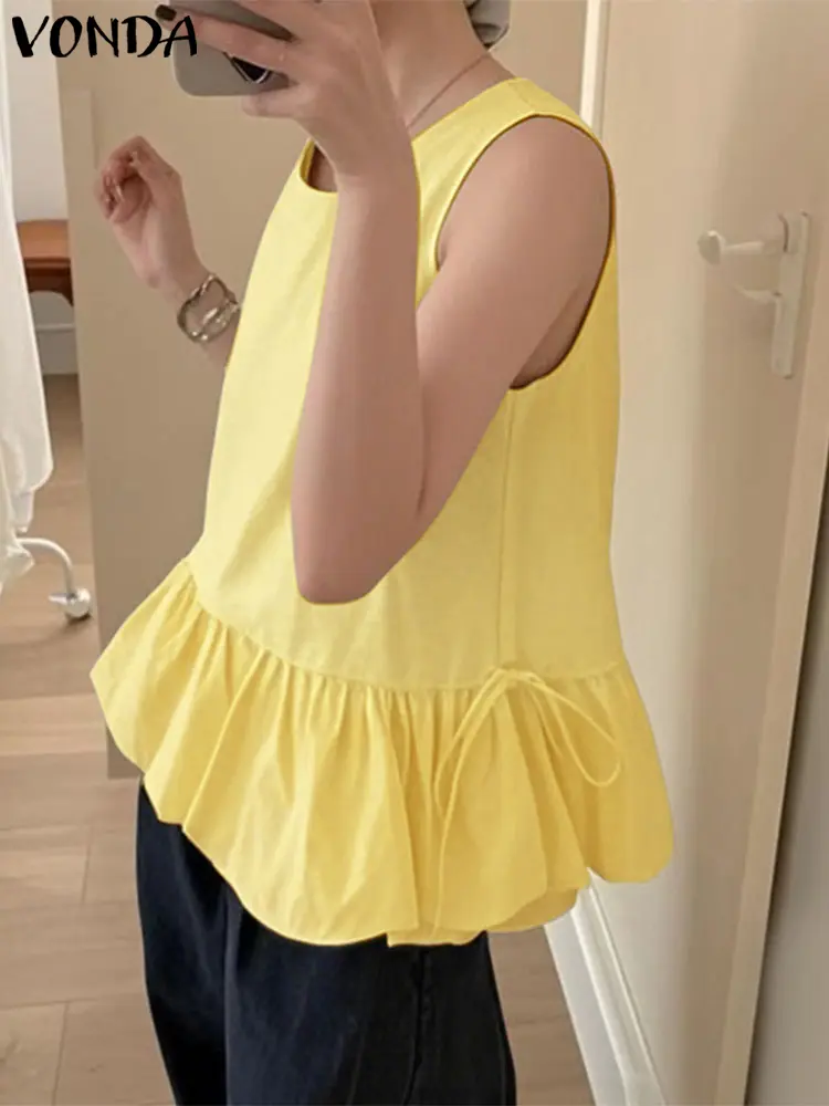 VONDA Women Korean Ruffled Tank Tops 2025 Summer Casual Sleeveless Tunic Tees Loose Shirts Fashion Solid Color Blusas Femininas