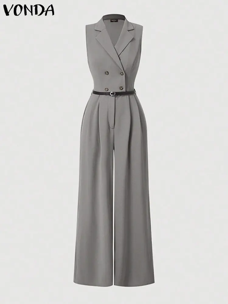 Plus Size 5XL VONDA Women Elegant Jumpsuits 2024 Sleeveless Playsuits Solid Color Rompers Casual Lapel Collar Wide Leg Bottoms