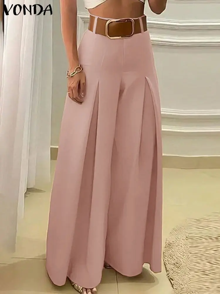 European Style Women Pants 2024 VONDA Fashion Elegant Wide Leg High Waist Elastic Pants Solid Color Office Lady Trouser Oversize
