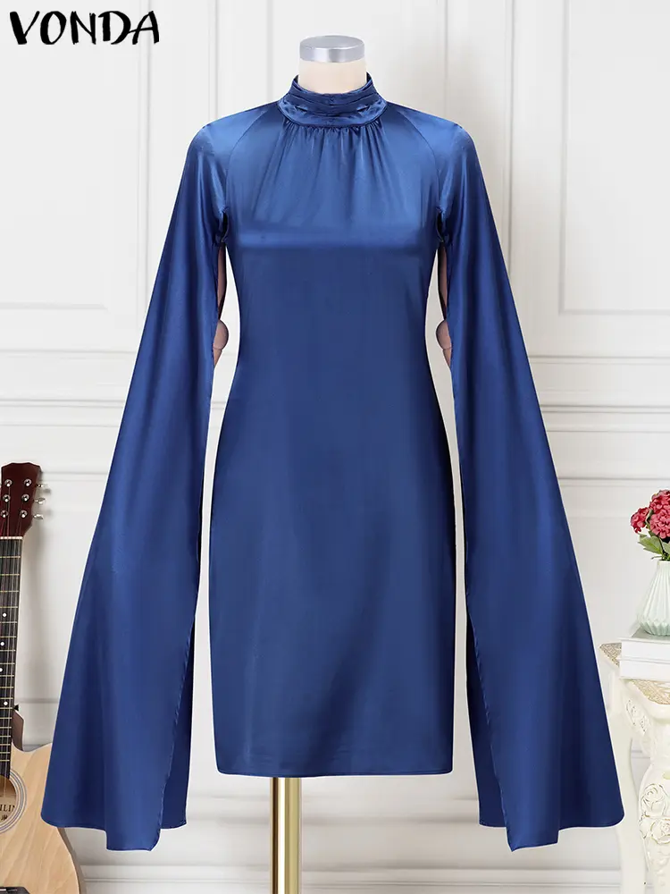VONDA Women Bohemian Dress 2025 Sexy Tight Mid-Calf Elegant Office Lady Sundress Satin Silk Party Vestidos Stand Neck Robe