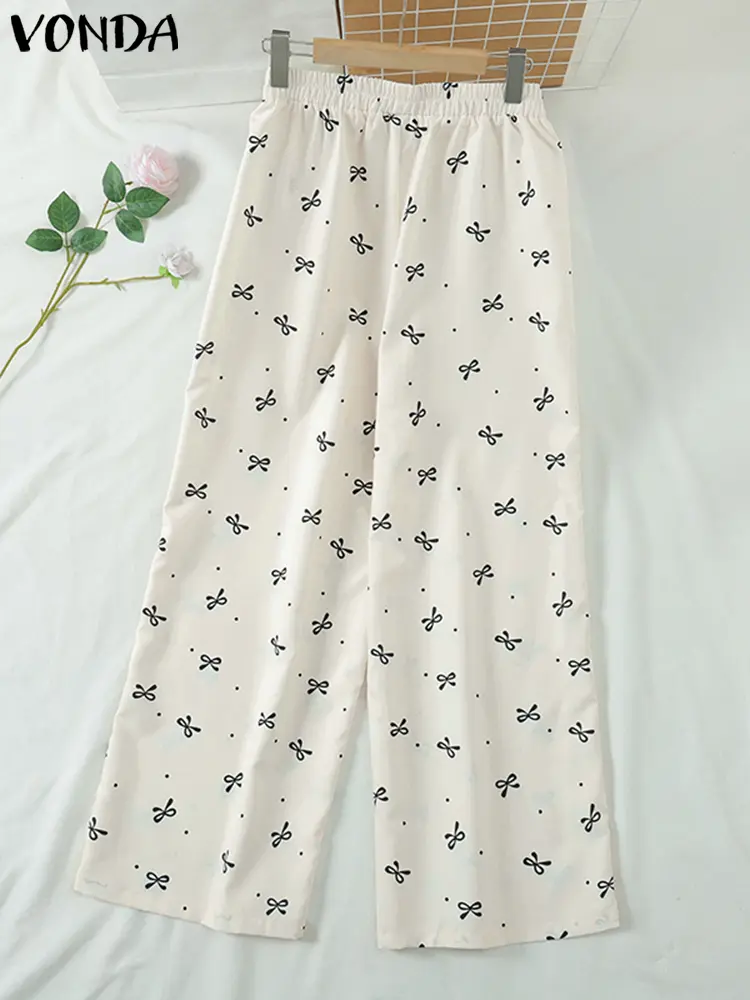 VONDA Women Printing Pants 2025 Casual Loose Elastic Waist Wide Leg Trousers Sweety Lace Patchwork Pants Spring Bottoms Oversize
