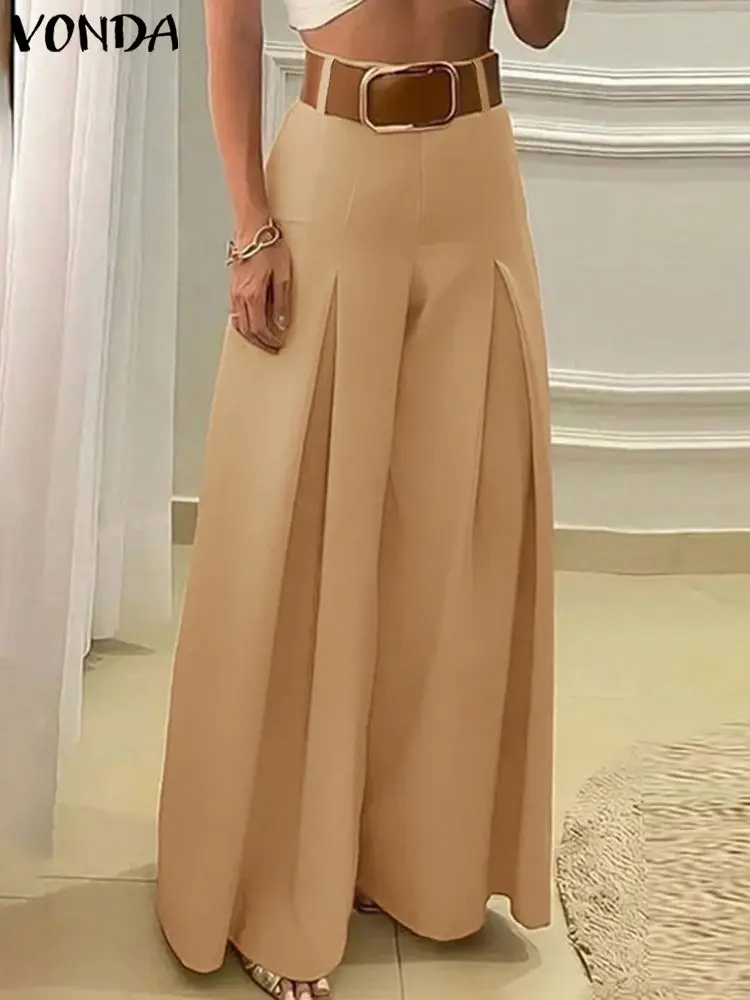 European Style Women Pants 2024 VONDA Fashion Elegant Wide Leg High Waist Elastic Pants Solid Color Office Lady Trouser Oversize