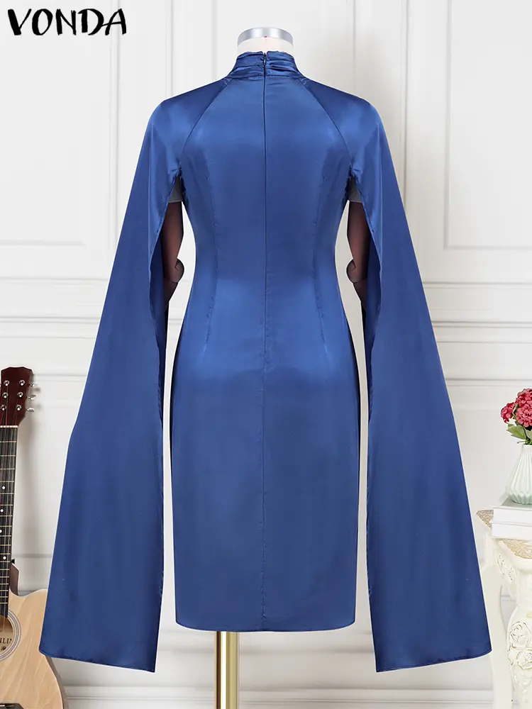 VONDA Women Bohemian Dress 2025 Sexy Tight Mid-Calf Elegant Office Lady Sundress Satin Silk Party Vestidos Stand Neck Robe