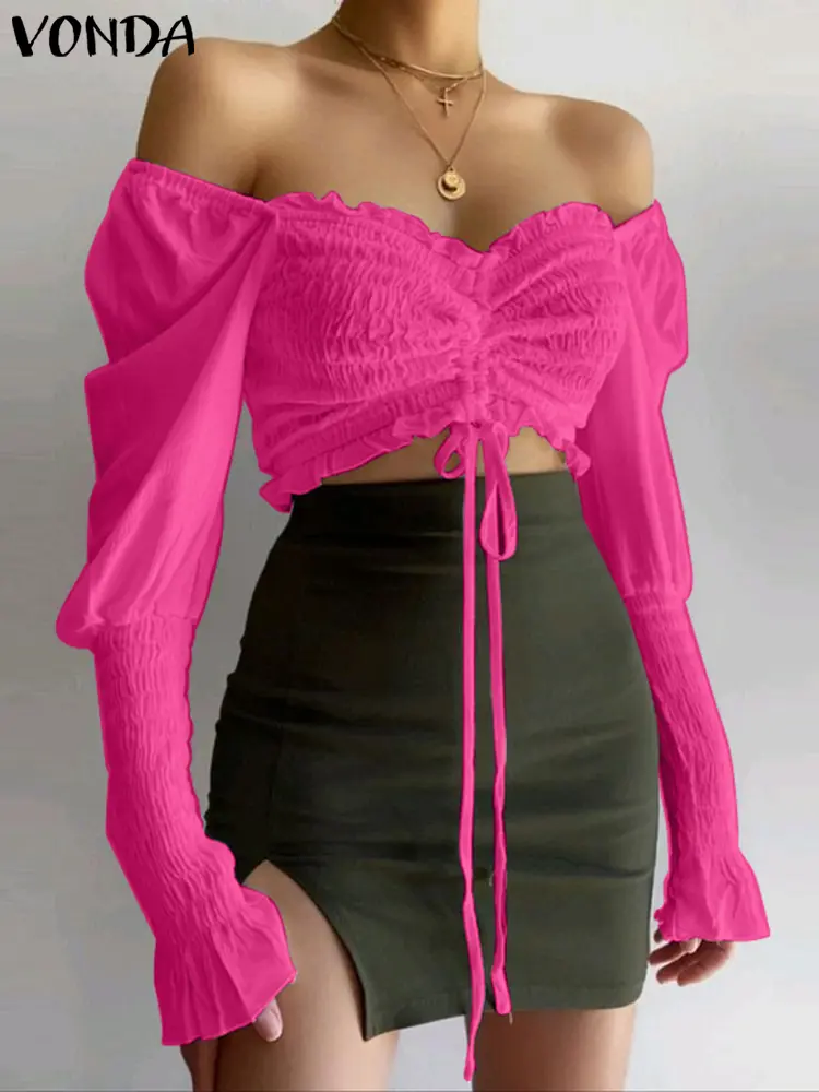 VONDA Fashion Tops 2024 Off The Shoulder Blusas Women Casual Fitting Short Tops Bohemian Solid Blouse Puff Long Sleeve Blusas