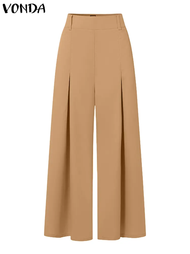 European Style Women Pants 2024 VONDA Fashion Elegant Wide Leg High Waist Elastic Pants Solid Color Office Lady Trouser Oversize