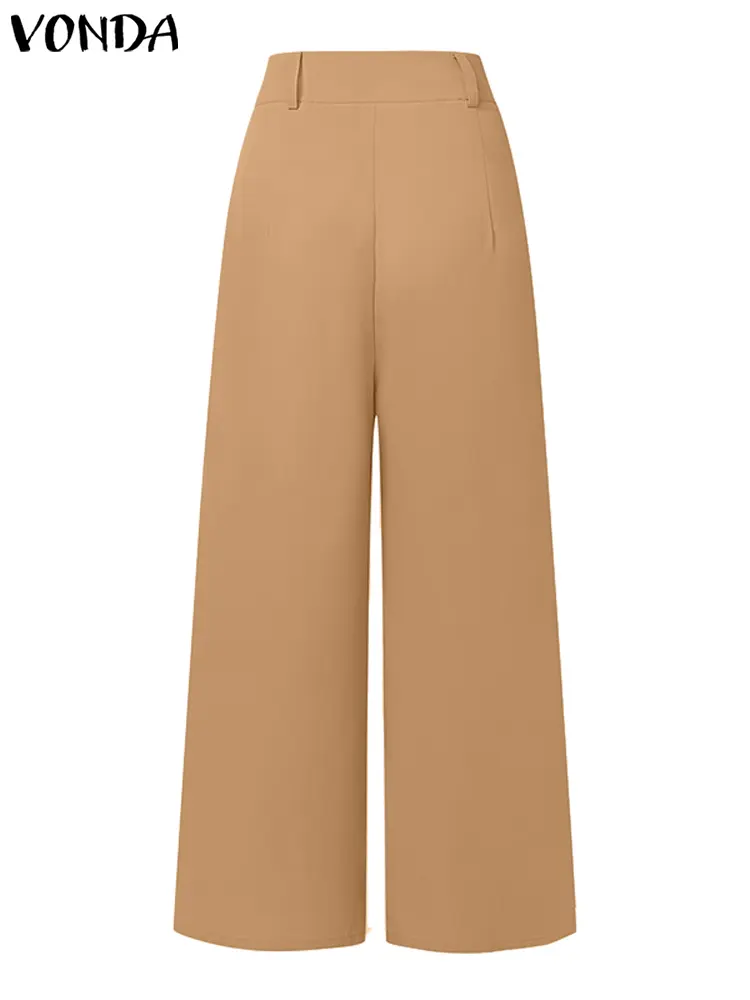 European Style Women Pants 2024 VONDA Fashion Elegant Wide Leg High Waist Elastic Pants Solid Color Office Lady Trouser Oversize