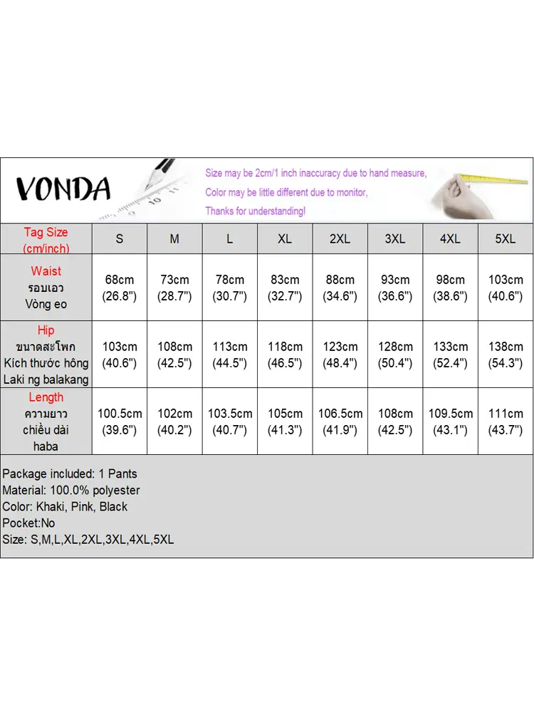 European Style Women Pants 2024 VONDA Fashion Elegant Wide Leg High Waist Elastic Pants Solid Color Office Lady Trouser Oversize