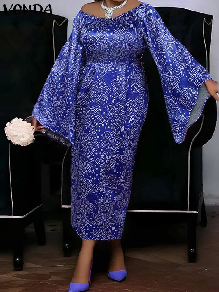 VONDA Plus Size 5XL Women Dress 2024 Sexy Flare Sleeve Off Shoulder Party Maxi Long Dress Fashion Printed Sundress Elegant Robe