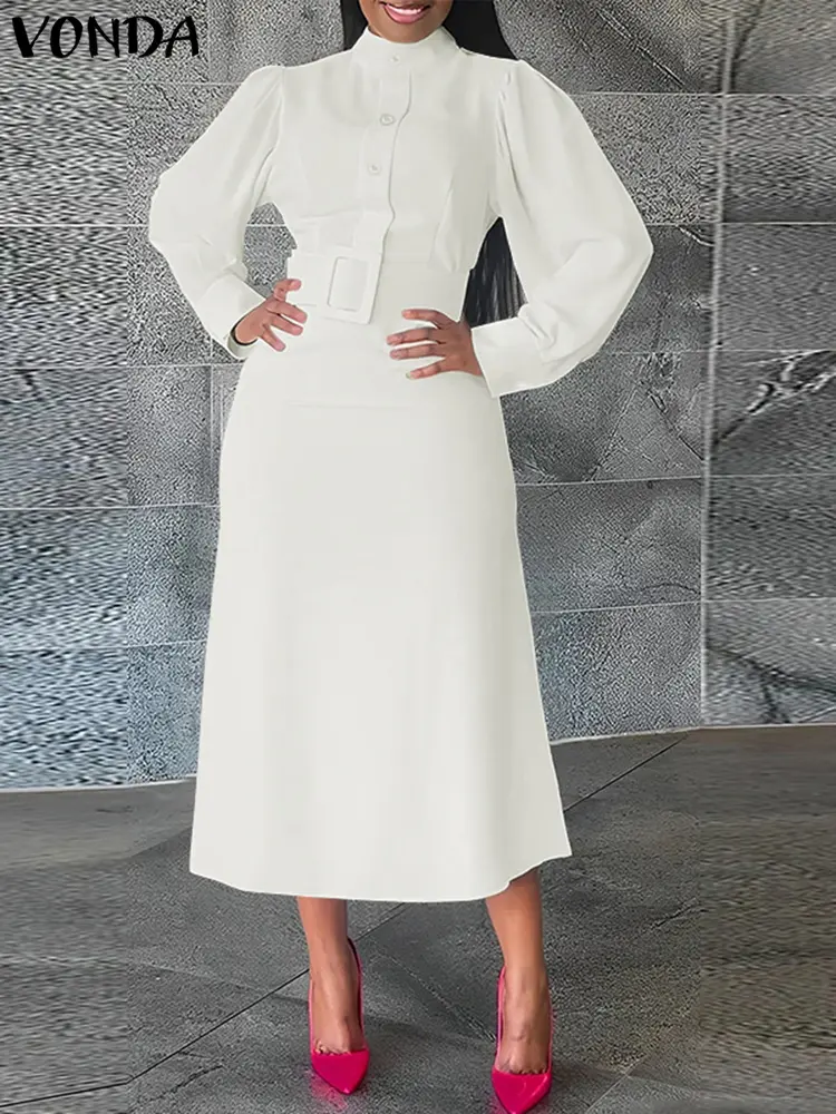Plus Size 5XL VONDA Women Office Midi Dress Solid Color Oversized Vesitidos 2024 Long Sleeve Sundress Casual Stand Collar Robe