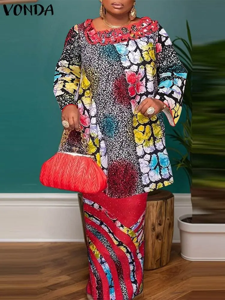VONDA 2024 Women Sets 2Pcs Irregular 3/4 Flare Sleeve Vintage Ethnic Style Floral Printed Blouse And A Line Long Skirt Set Suits